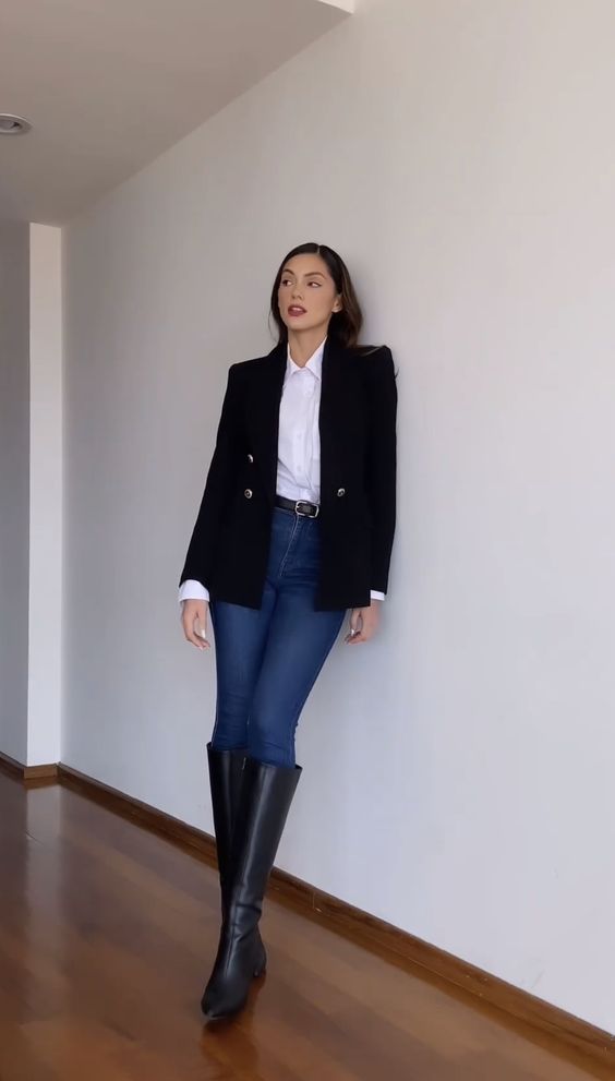 Blue Skinny Jeans and Black Knee-High Boots 